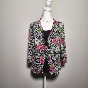 Laura Ashley Vintage Y2K Zebra Leopard Whimsy Flirty Layered Mesh Floral Top L